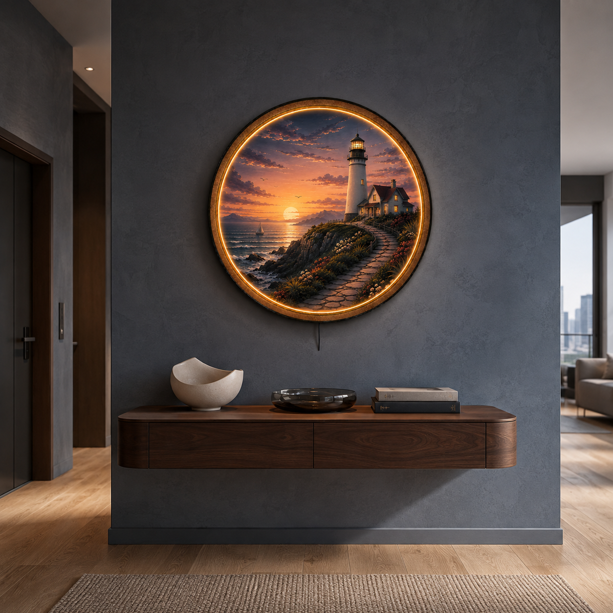 Harbor Light LED Wall Art – Coastal Lighthouse Sunset