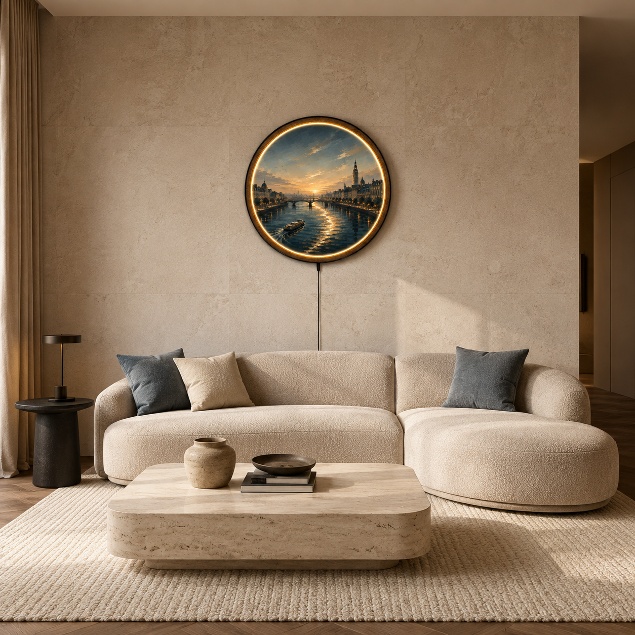 Golden Riverside European Cityscape LED Wall Art