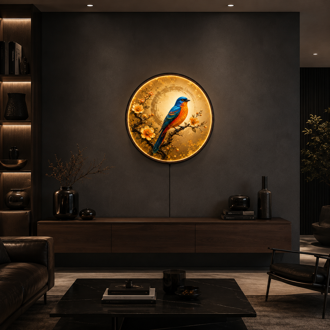 Bluebird Blossom LED Wall Art – Round Illuminated Nature Wall Decor