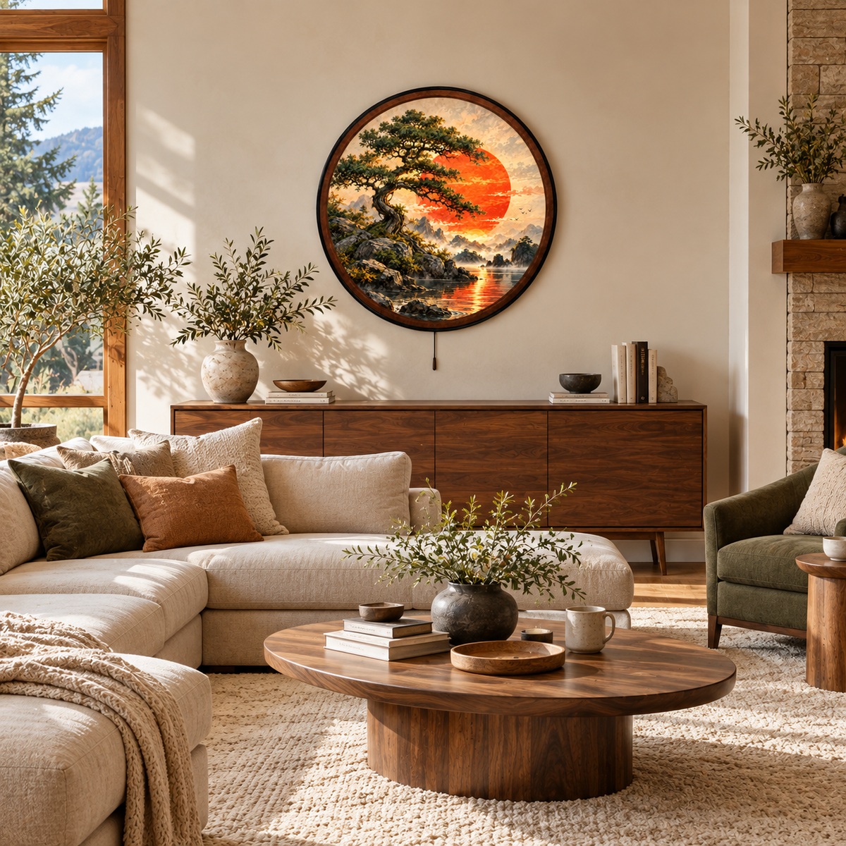 Japanese Zen Tree, Red Sun & Mountain Landscape – Handcrafted LED Wall Art