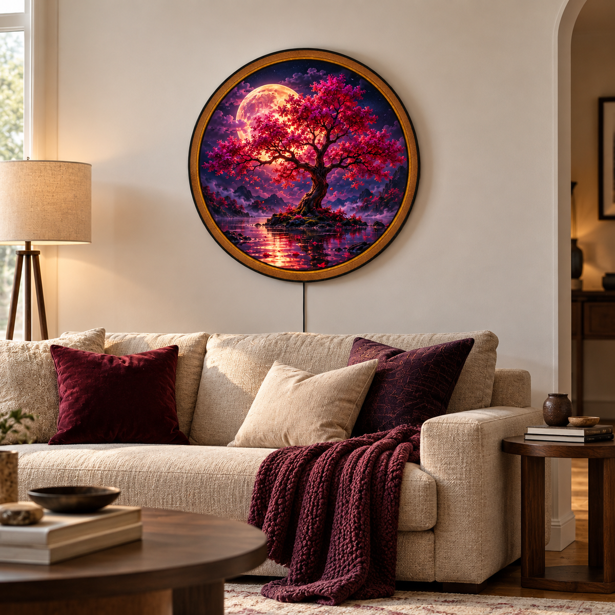 Crimson Moon Blossom Tree Circular LED Wall Art