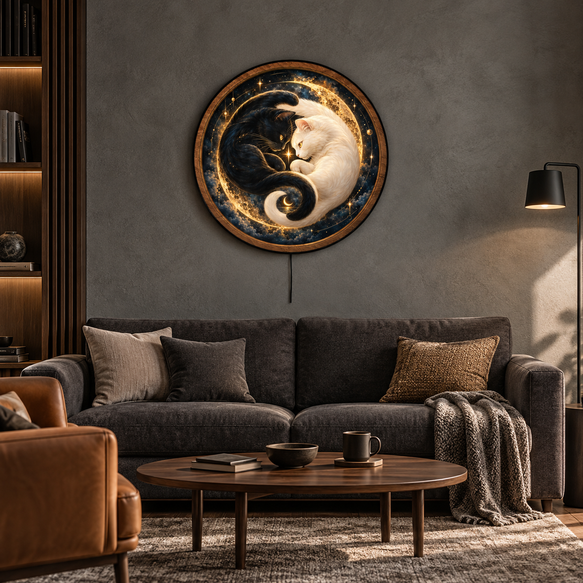 Celestial Cats Golden Eclipse LED Wall Art – Black & White Cat Decor