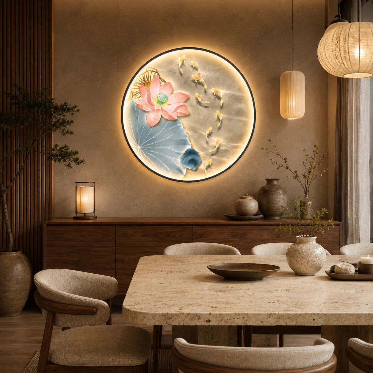 Round LED Wall Art – Lotus & Koi Fish Illuminated Canvas, New Chinese Style Backlit Wall Decor