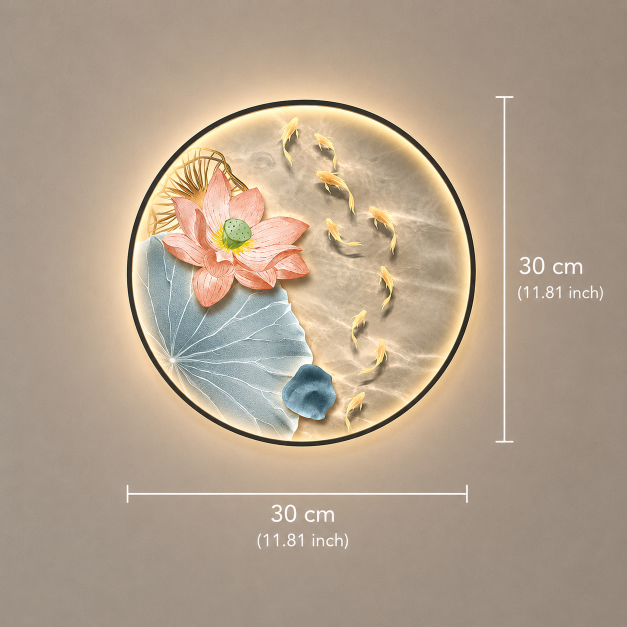 Round LED Wall Art – Lotus & Koi Fish Illuminated Canvas, New Chinese Style Backlit Wall Decor
