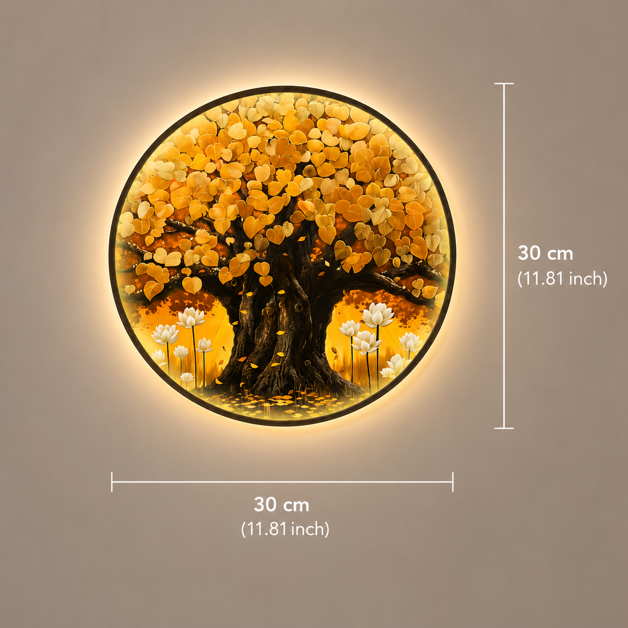 Golden Tree of Life LED Wall Art - Round Wooden Wall Decor with Lotus Flowers & Backlit LED