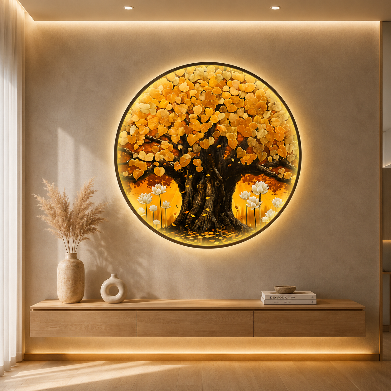 Golden Tree of Life LED Wall Art - Round Wooden Wall Decor with Lotus Flowers & Backlit LED