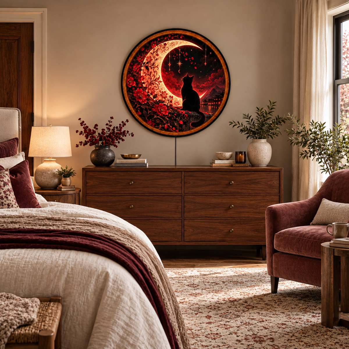 Crimson Moon Whispers – Handcrafted LED Wall Art | Black Cat & Red Crescent Moon