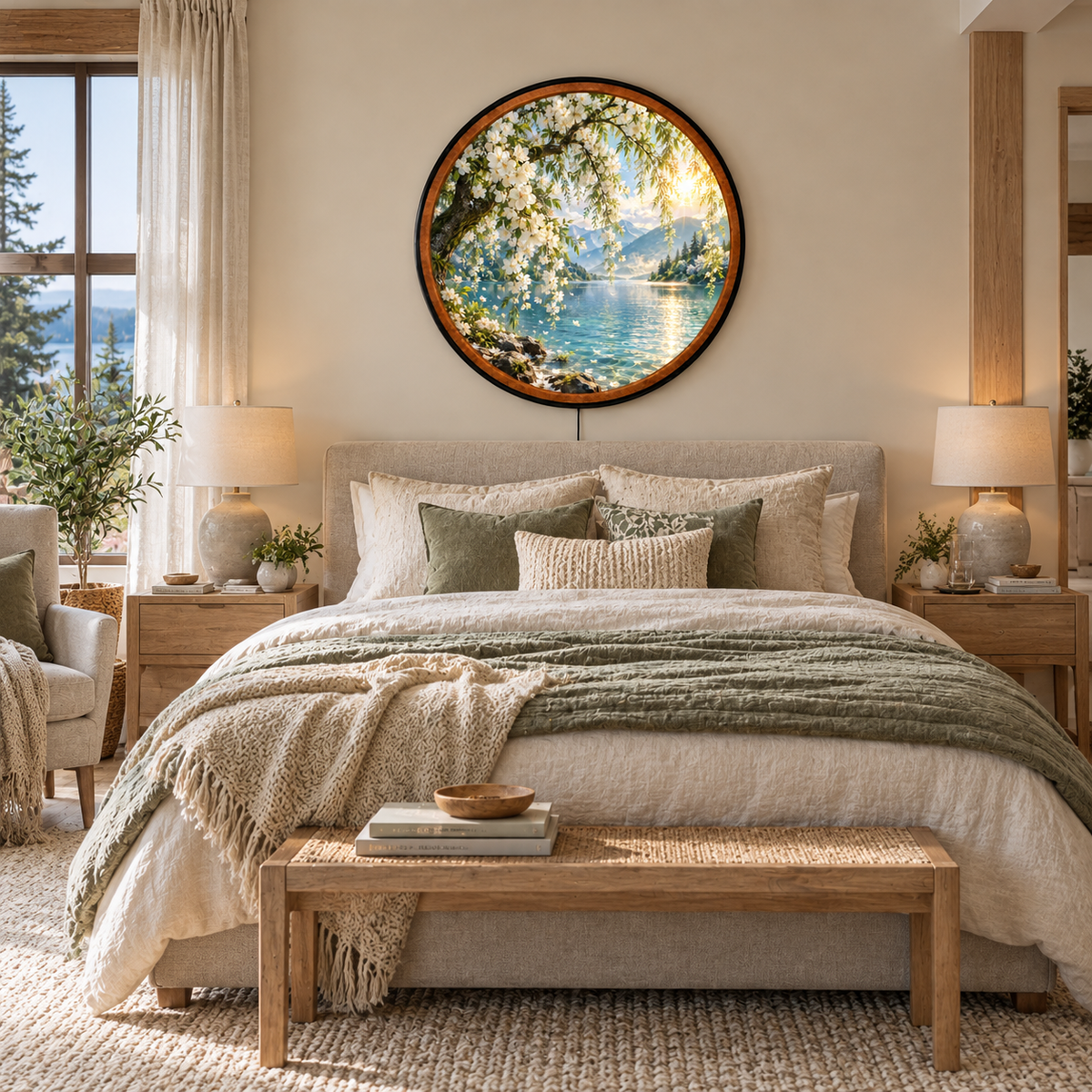 Spring Blossom Serenity – Handcrafted Round LED Wall Art