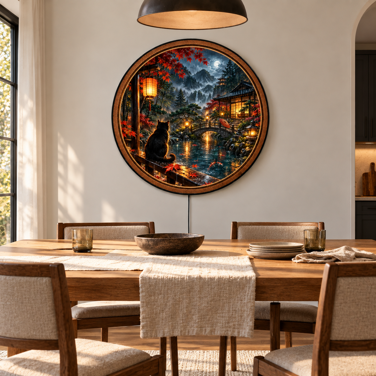 Black Cat Rainy Japanese Garden Circular LED Wall Art