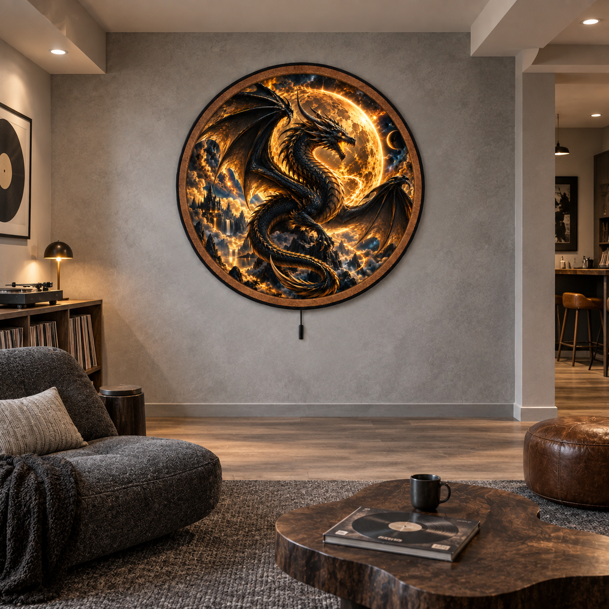 Black Dragon Eclipse – Golden Moon Fantasy LED Wall Art