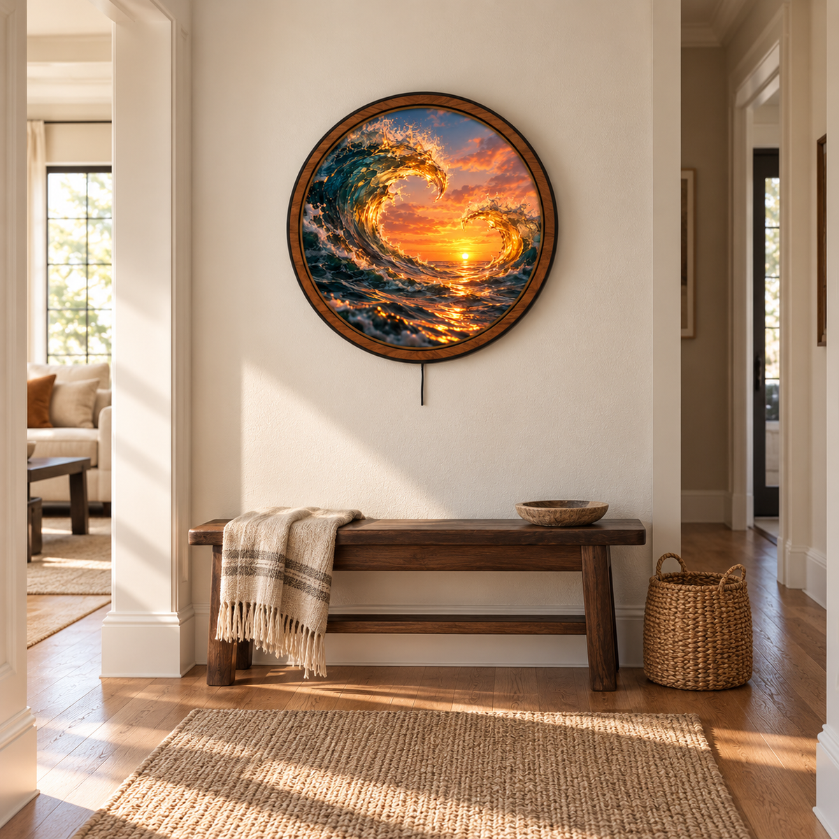 Golden Twin Waves Sunset Circular LED Wall Art