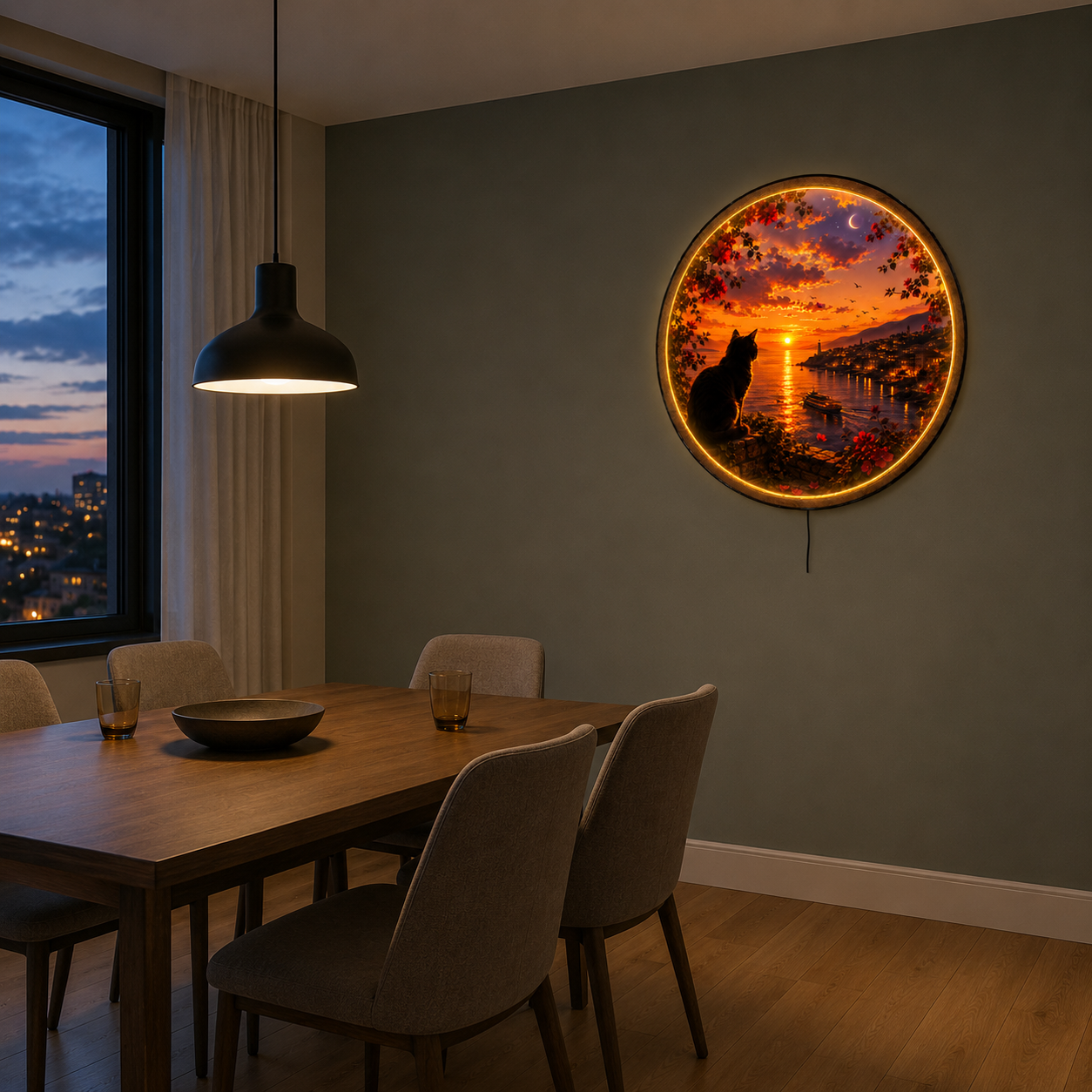 Sunset Watcher LED Wall Art – Black Cat Coastal Sunset Decor