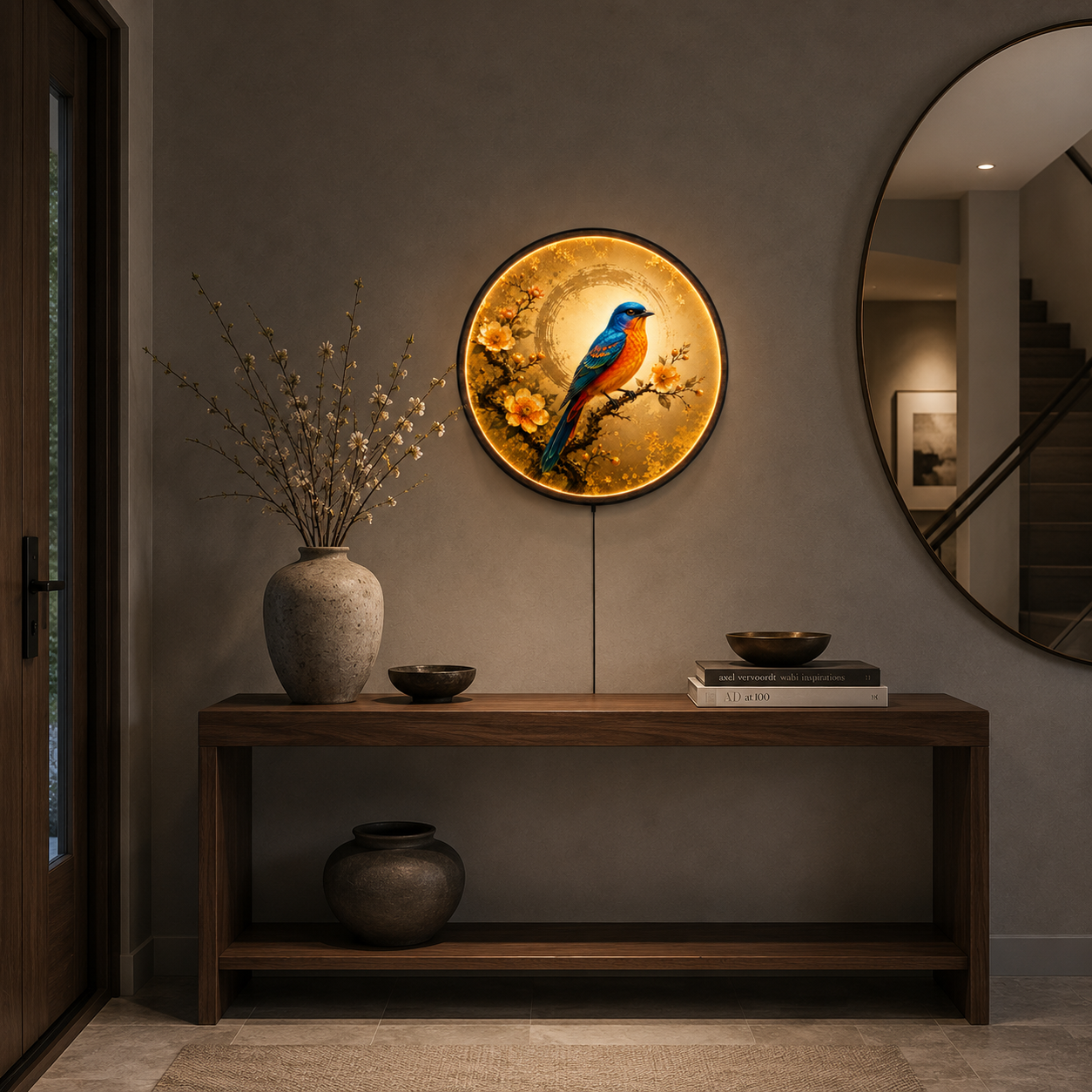 Bluebird Blossom LED Wall Art – Round Illuminated Nature Wall Decor
