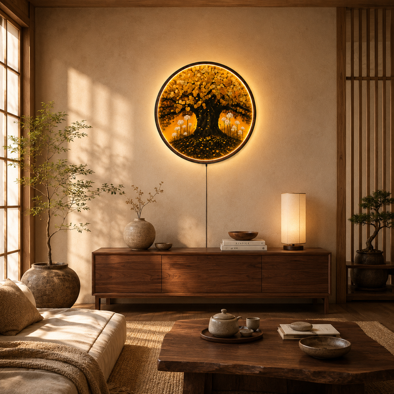 Golden Tree of Life LED Wall Art - Round Wooden Wall Decor with Lotus Flowers & Backlit LED