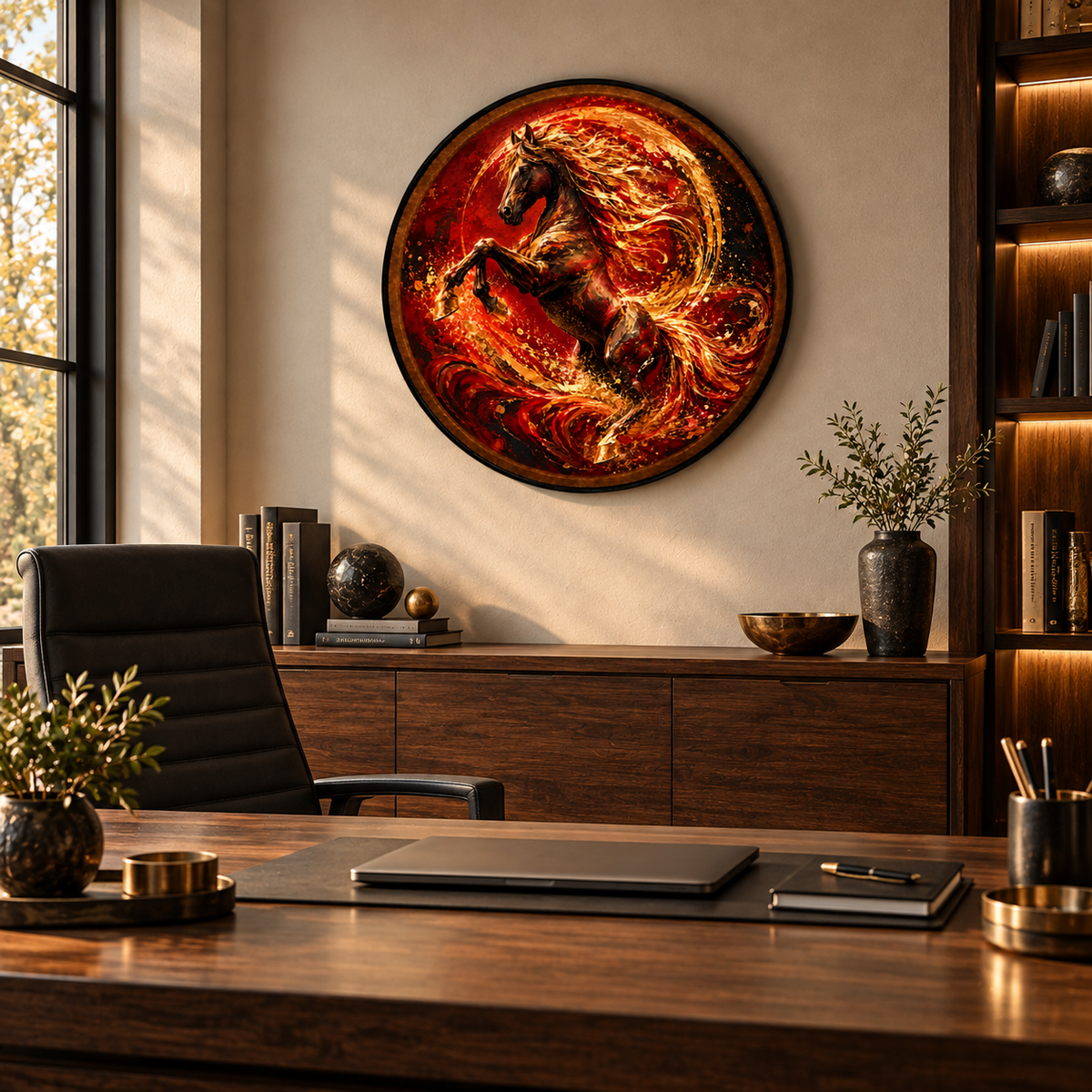 Crimson Stallion – Handcrafted LED Wall Art | Fiery Horse & Gold Abstract Decor