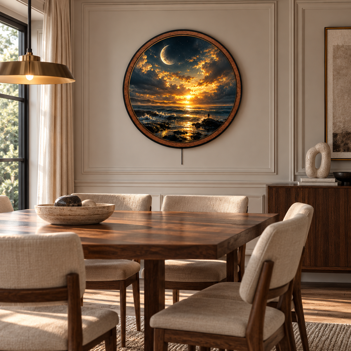 Golden Celestial Ocean Moonlight Circular LED Wall Art