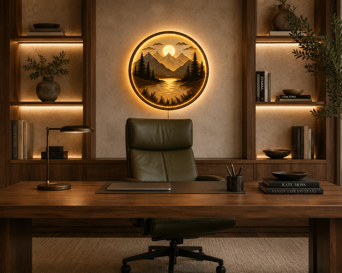 Handcrafted Wood Art Light - 3D Layered Mountain & Lake Design - Warm LED Backlight
