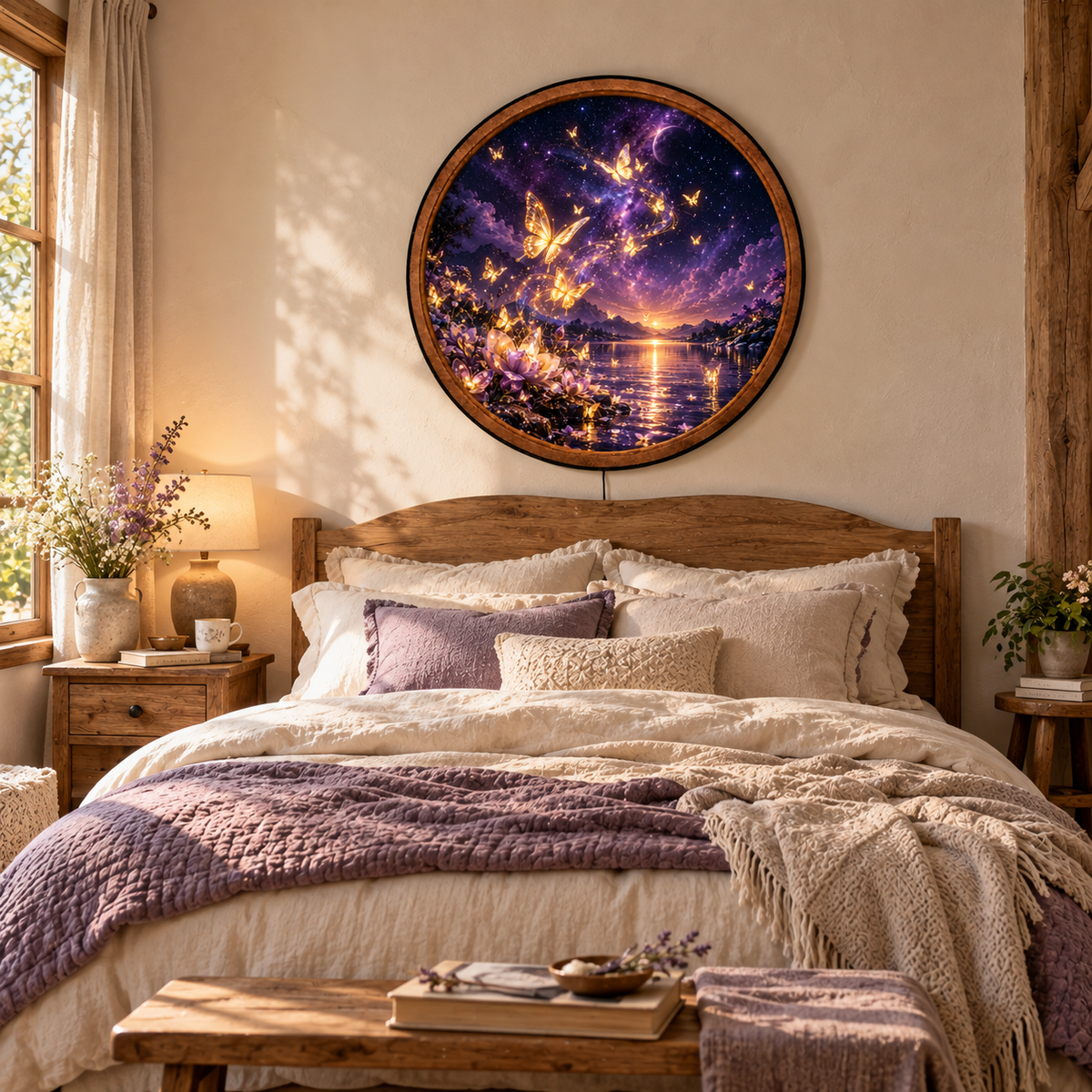 Handcrafted Magical Butterfly LED Wall Art – Purple Galaxy, Golden Butterflies & Enchanted Lake Decor