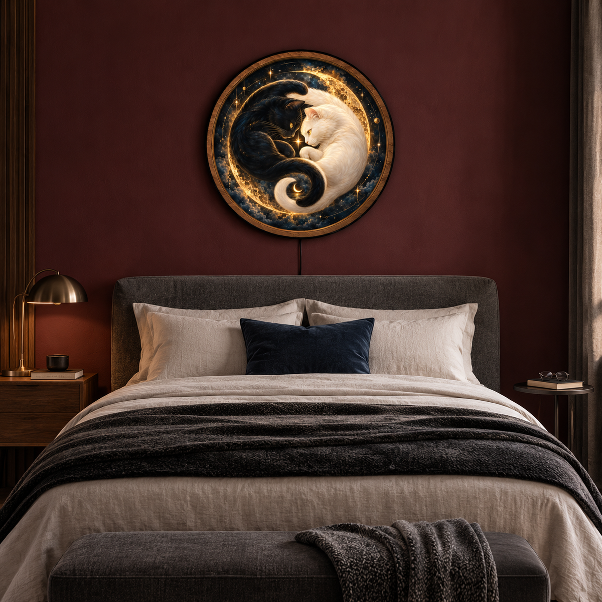 Celestial Cats Golden Eclipse LED Wall Art – Black & White Cat Decor