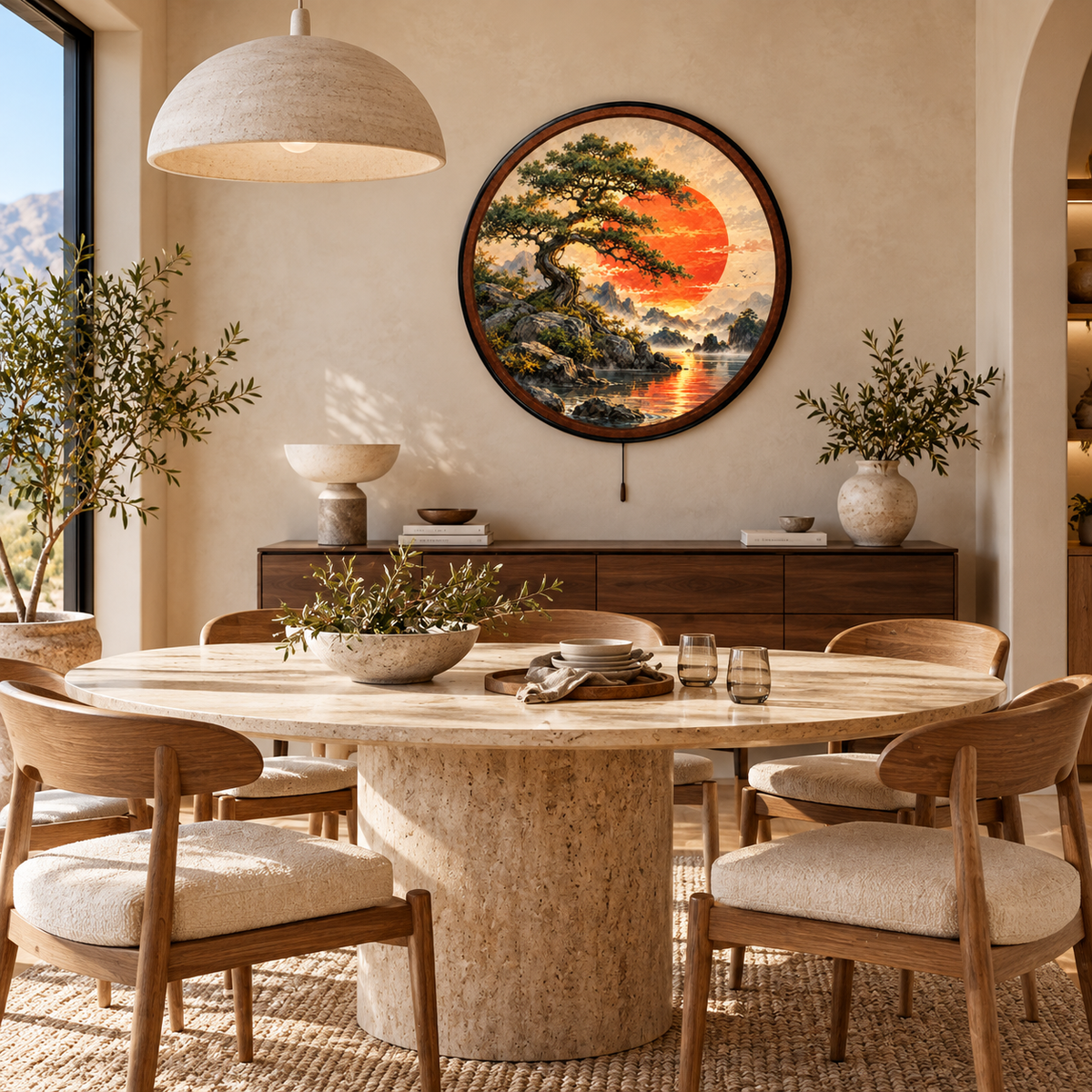 Japanese Zen Tree, Red Sun & Mountain Landscape – Handcrafted LED Wall Art