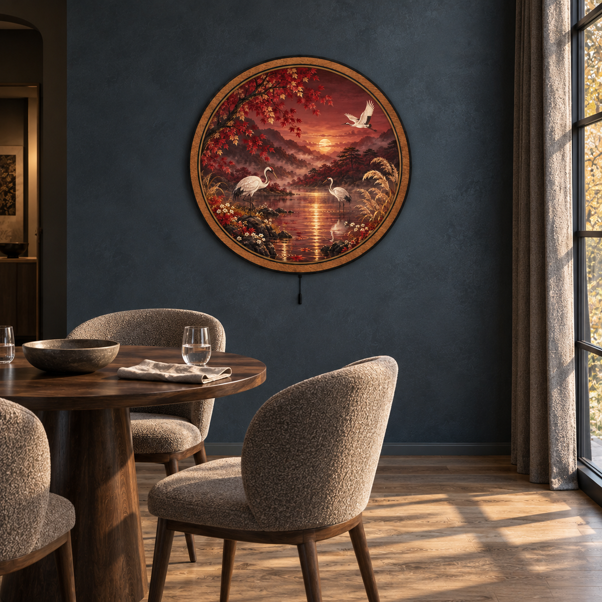 Crimson Crane Valley – Autumn Sunset LED Wall Art