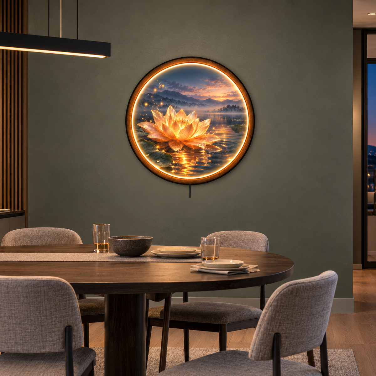 Golden Lotus LED Wall Art – Serene Lake & Meditation Decor