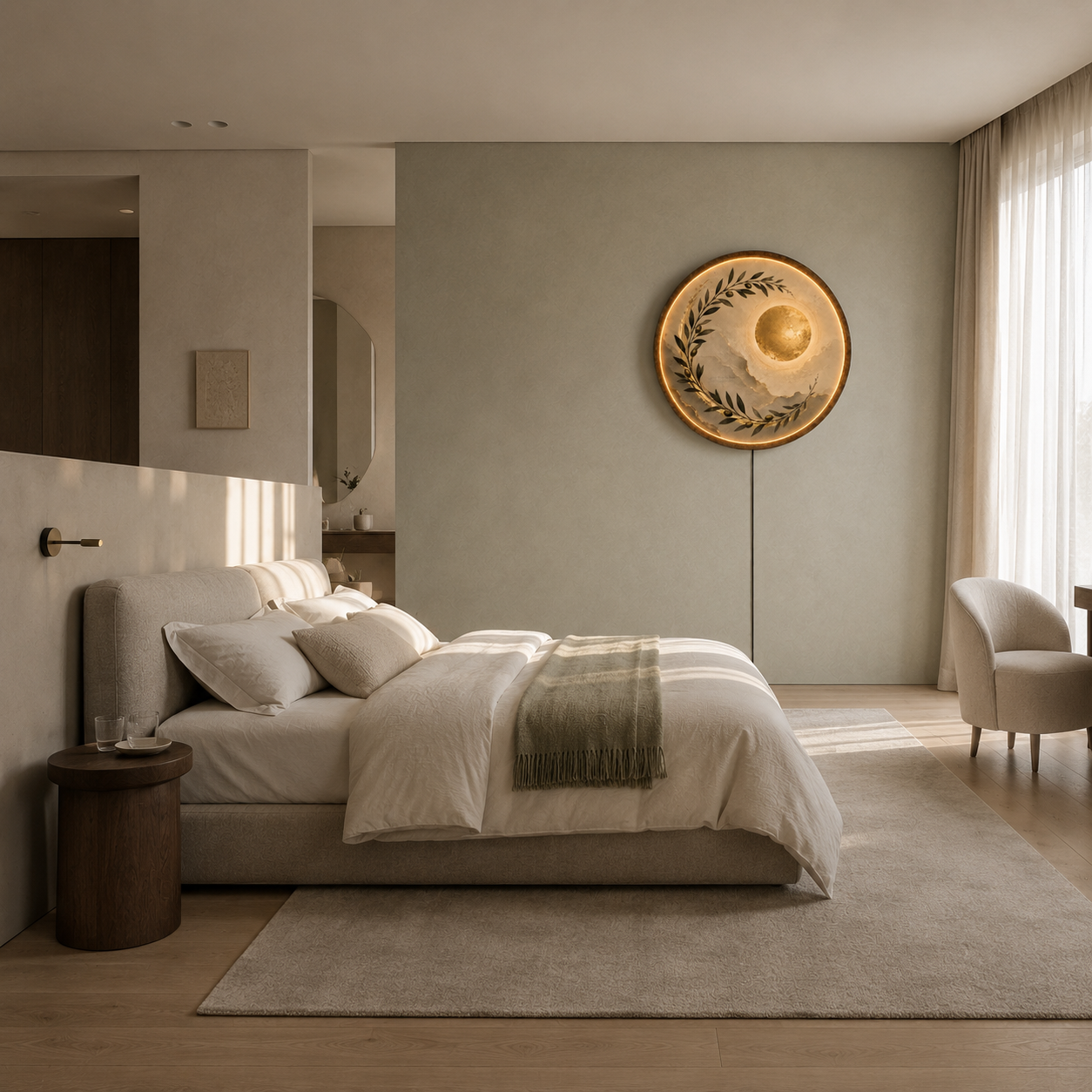 Golden Olive Moon LED Wall Art – Mediterranean Botanical Decor