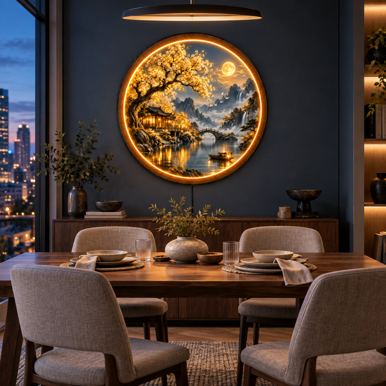 Golden Moon Garden LED Wall Art – Serene Asian Landscape Decor