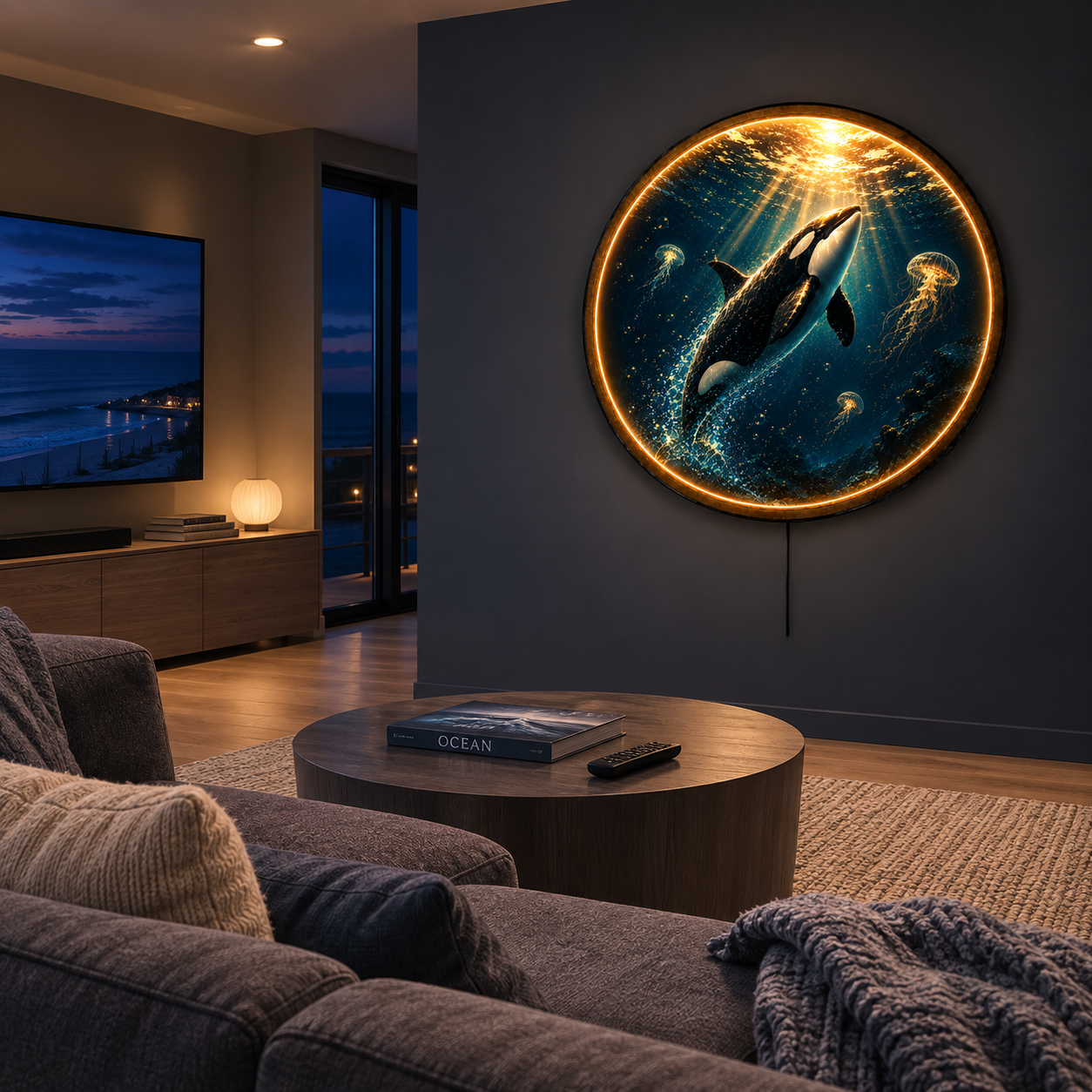 Golden Depths Orca LED Wall Art – Ocean Whale & Jellyfish Decor