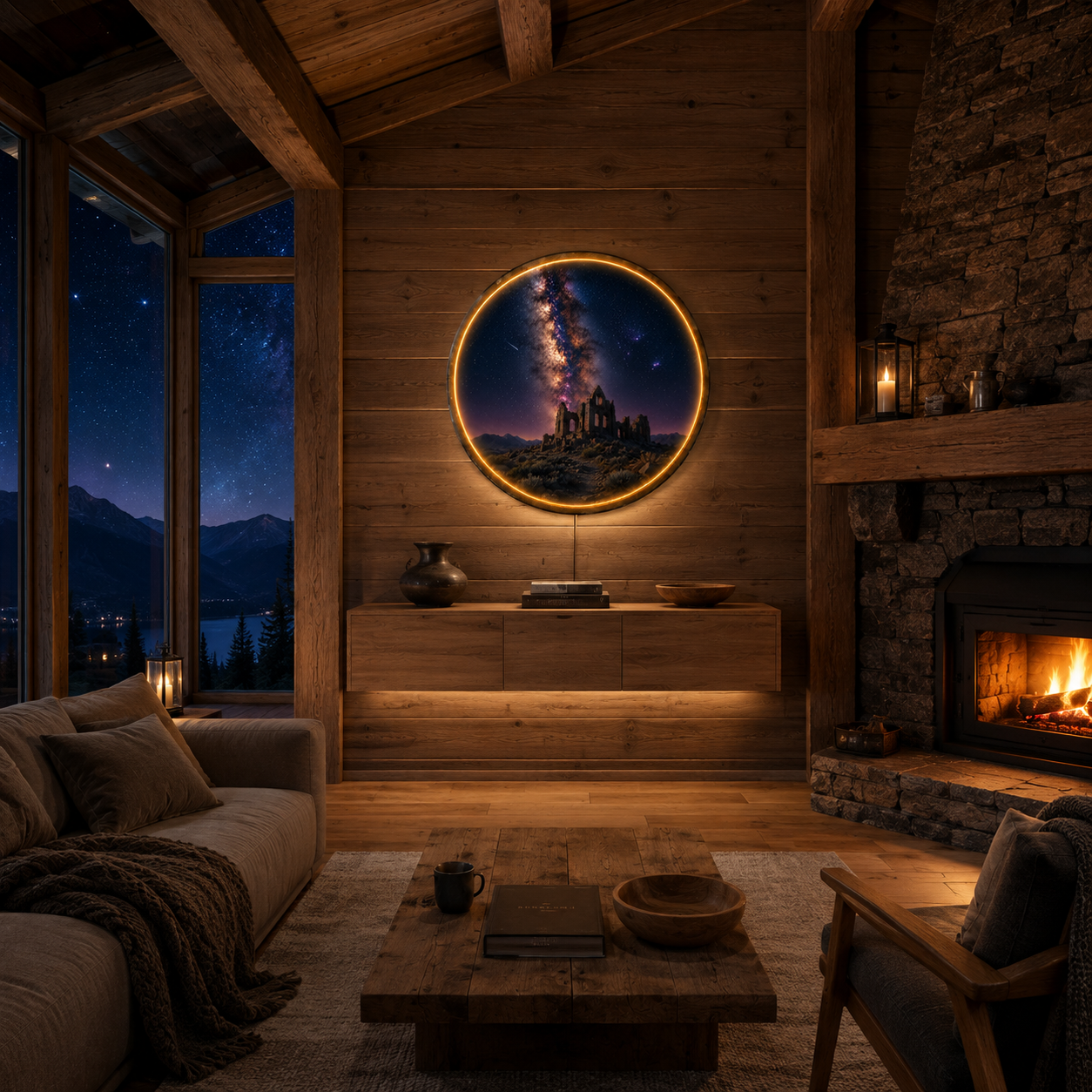Milky Way Ruins LED Wall Art – Illuminated Galaxy Night Sky Landscape Decor with Warm LED Glow