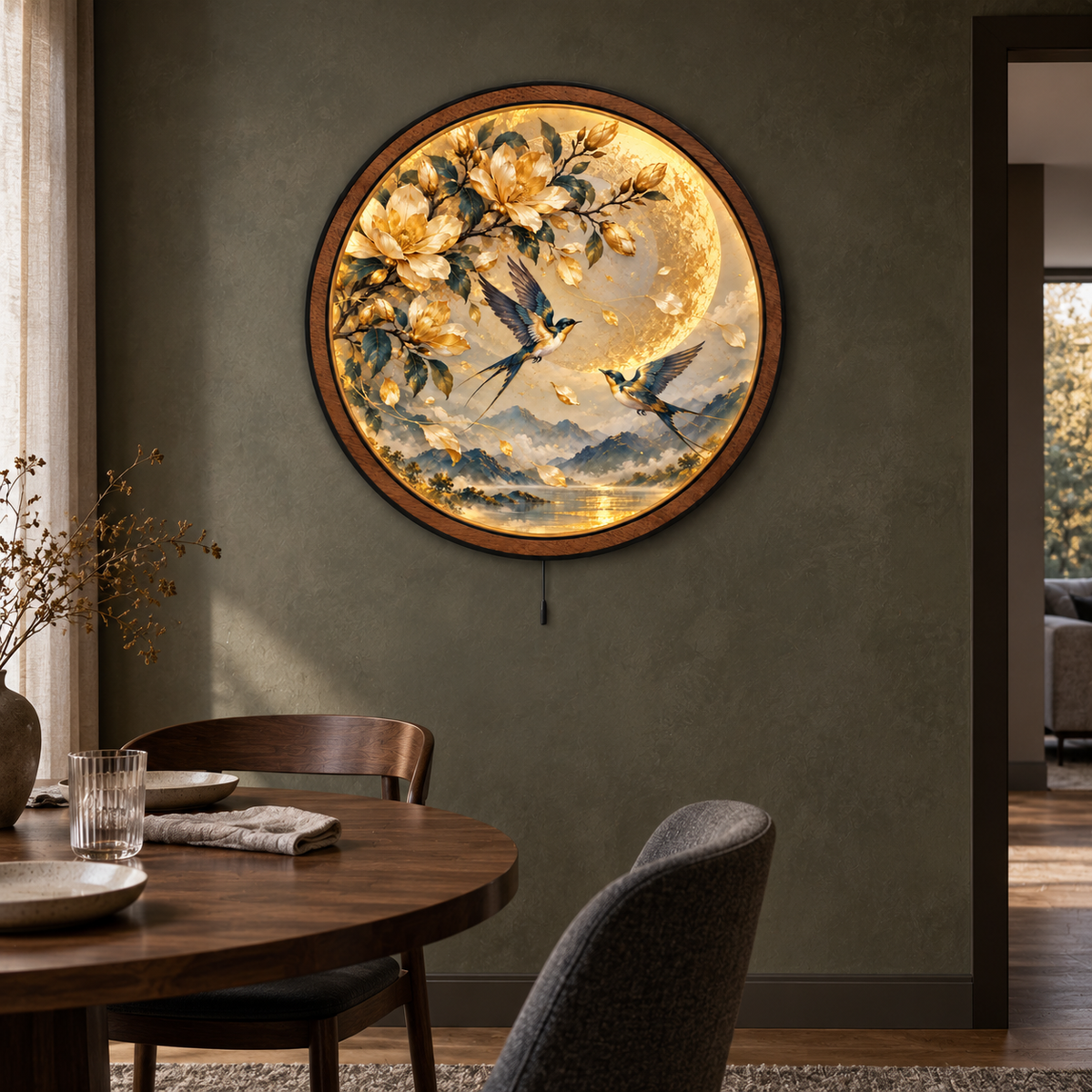 Golden Magnolia Moon LED Wall Art – Birds & Floral Nature Decor