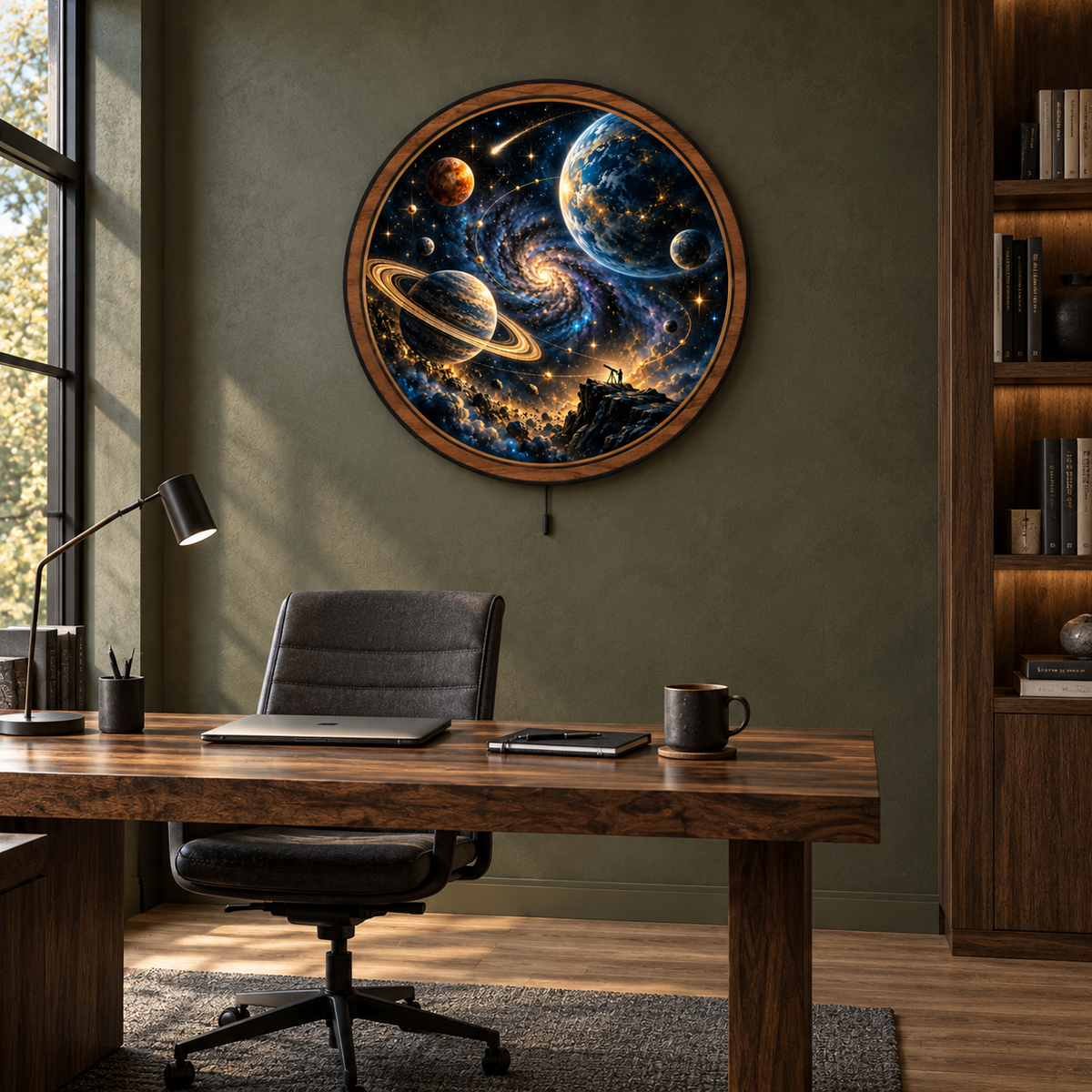 Cosmic Voyager — Golden Galaxy LED Wall Art | Space & Planet Decor