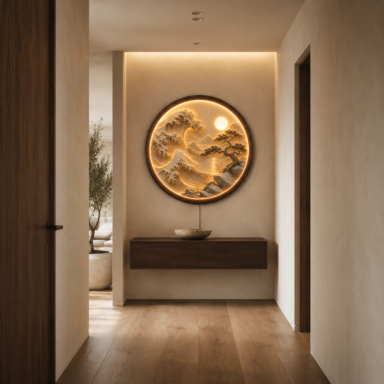 Japanese Wave & Bonsai LED Wall Art – Round Illuminated Acrylic Decor