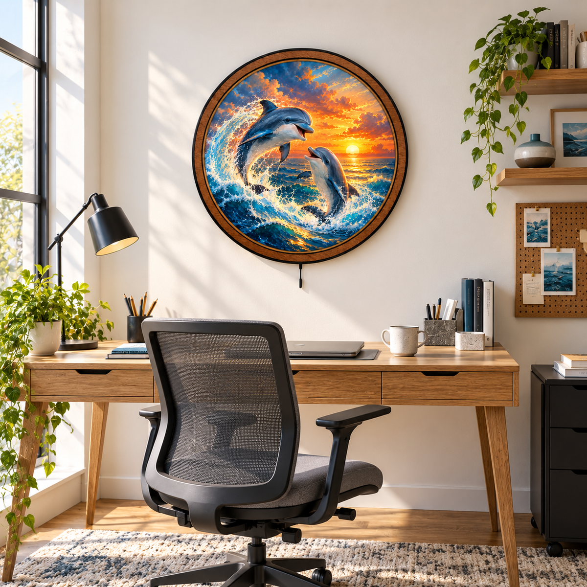 Dolphin Sunset Ocean Waves Circular LED Wall Art