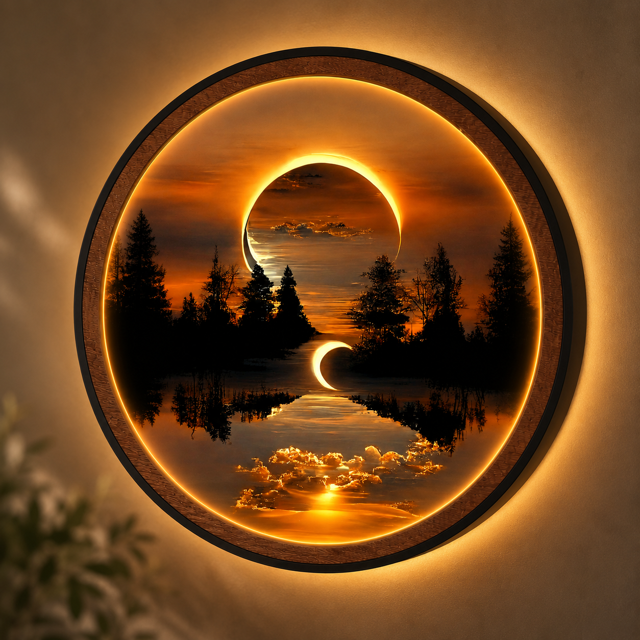 Wood Carved Solar Eclipse Forest Lake LED Wall Lamp | Crescent Moon Night Light Wall Art