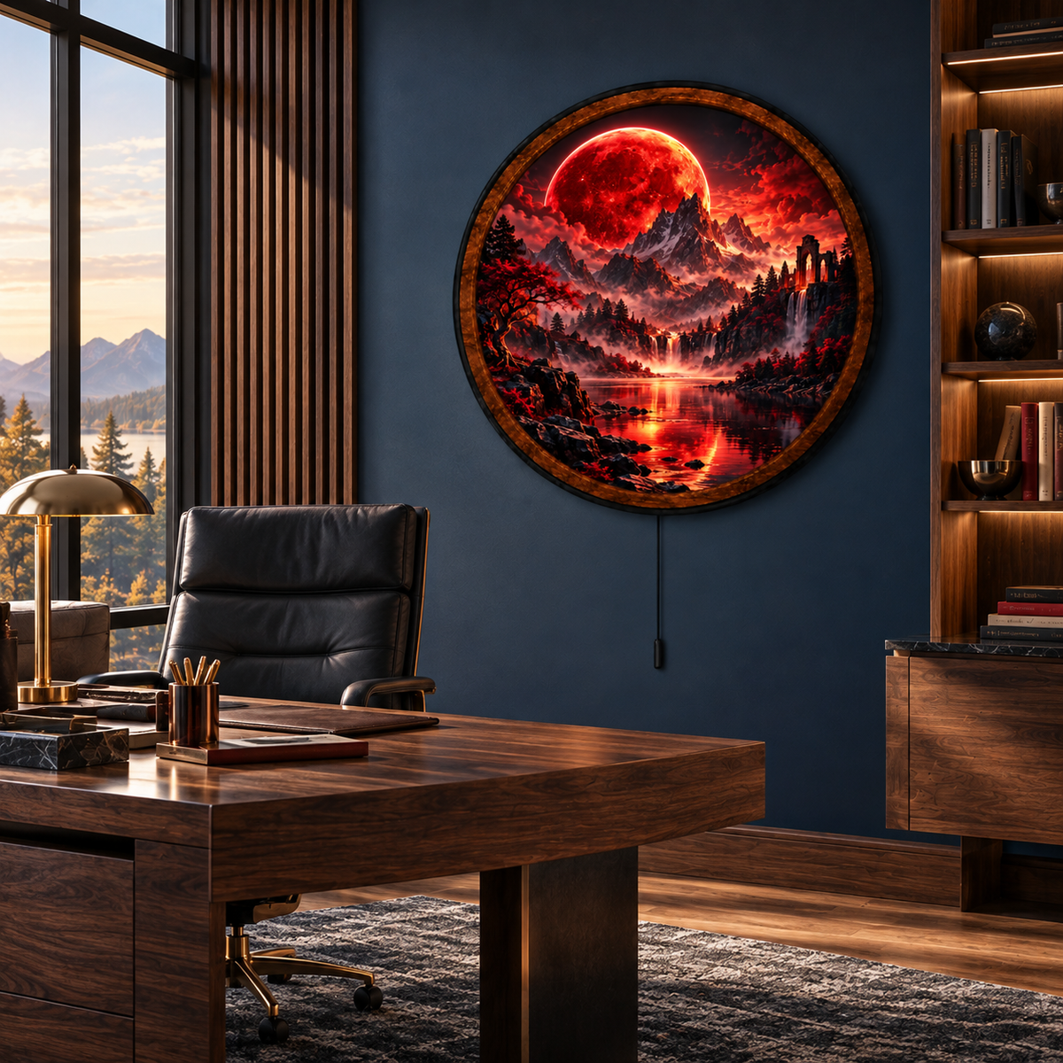 Handcrafted LED Wall Art | Red Moon Landscape Decor