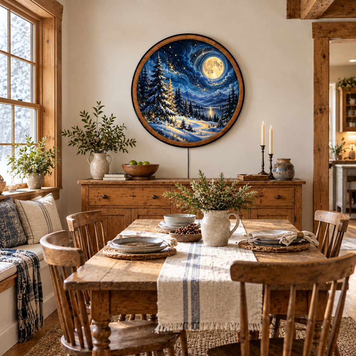Handcrafted Winter Moon LED Wall Art – Magical Snowy Forest & Golden Full Moon, Enchanted Winter Landscape Decor