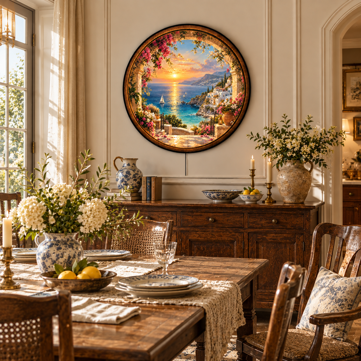 Handcrafted Mediterranean Sunset LED Wall Art – Coastal Village & Bougainvillea Ocean View Decor
