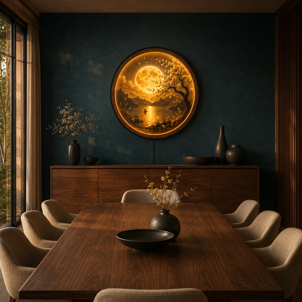 Golden Moon Bonsai LED Wall Art – Illuminated Landscape Decor