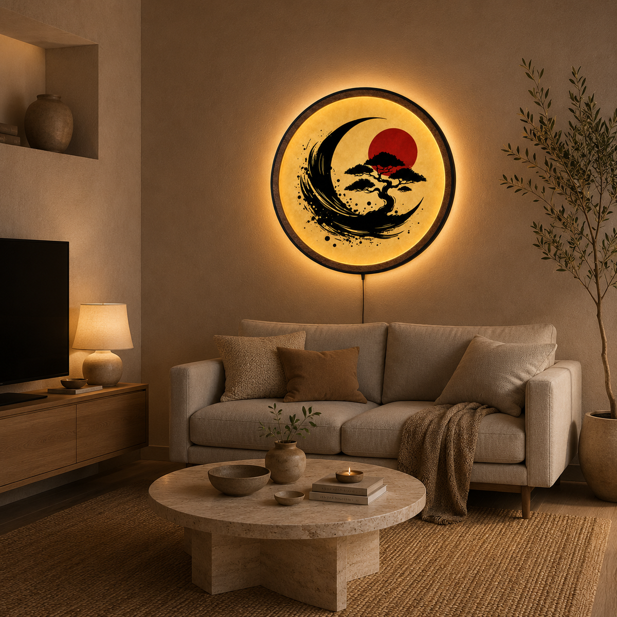 Wood Carved Japanese Bonsai Moon LED Wall Lamp | Zen Sumi-e Style Night Light