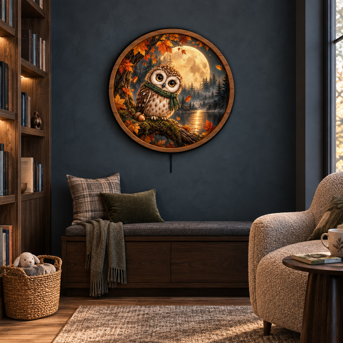 Autumn Moon Owl LED Wall Art – Cozy Woodland Night Decor