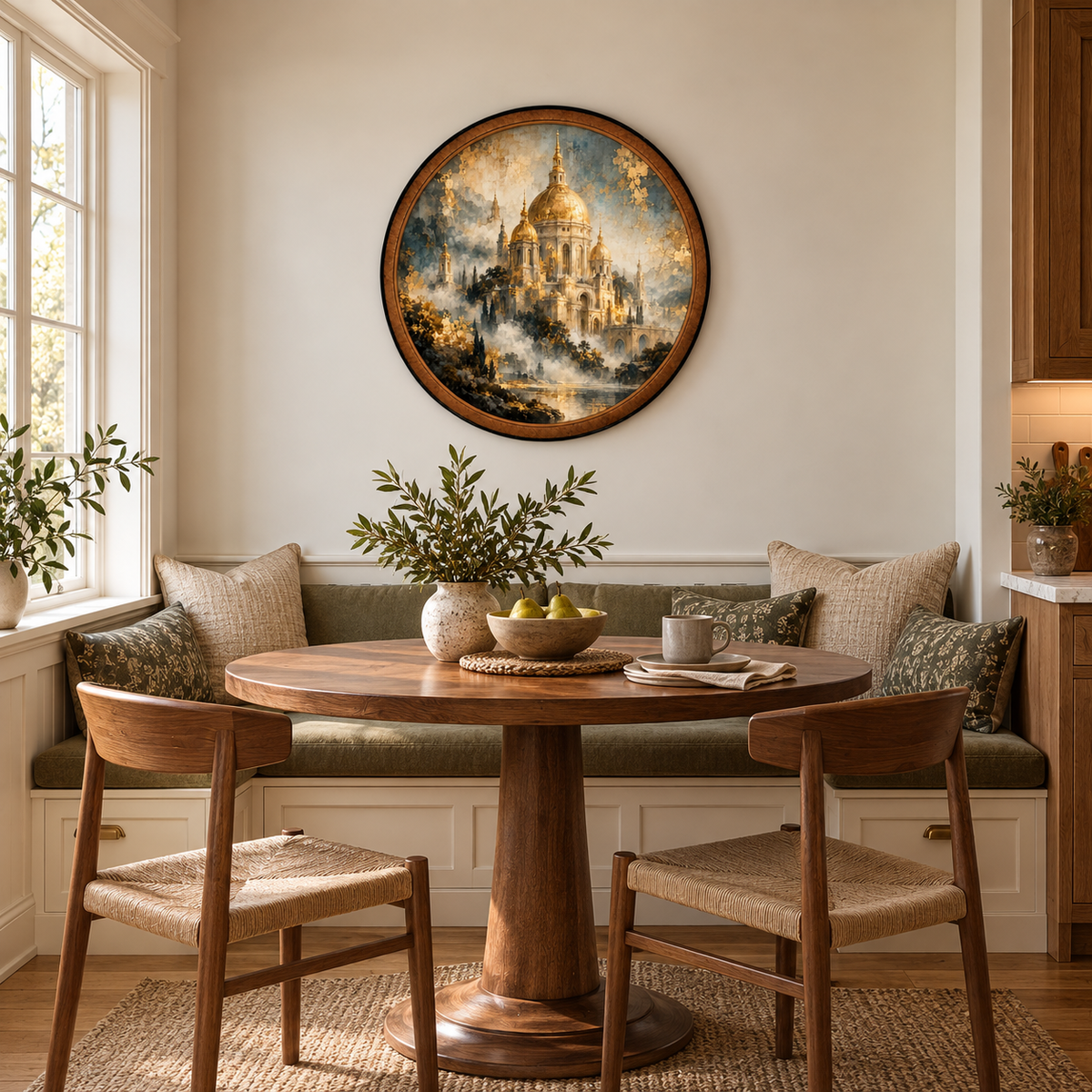 Golden Palace of Serenity – Handcrafted Round LED Wall Art