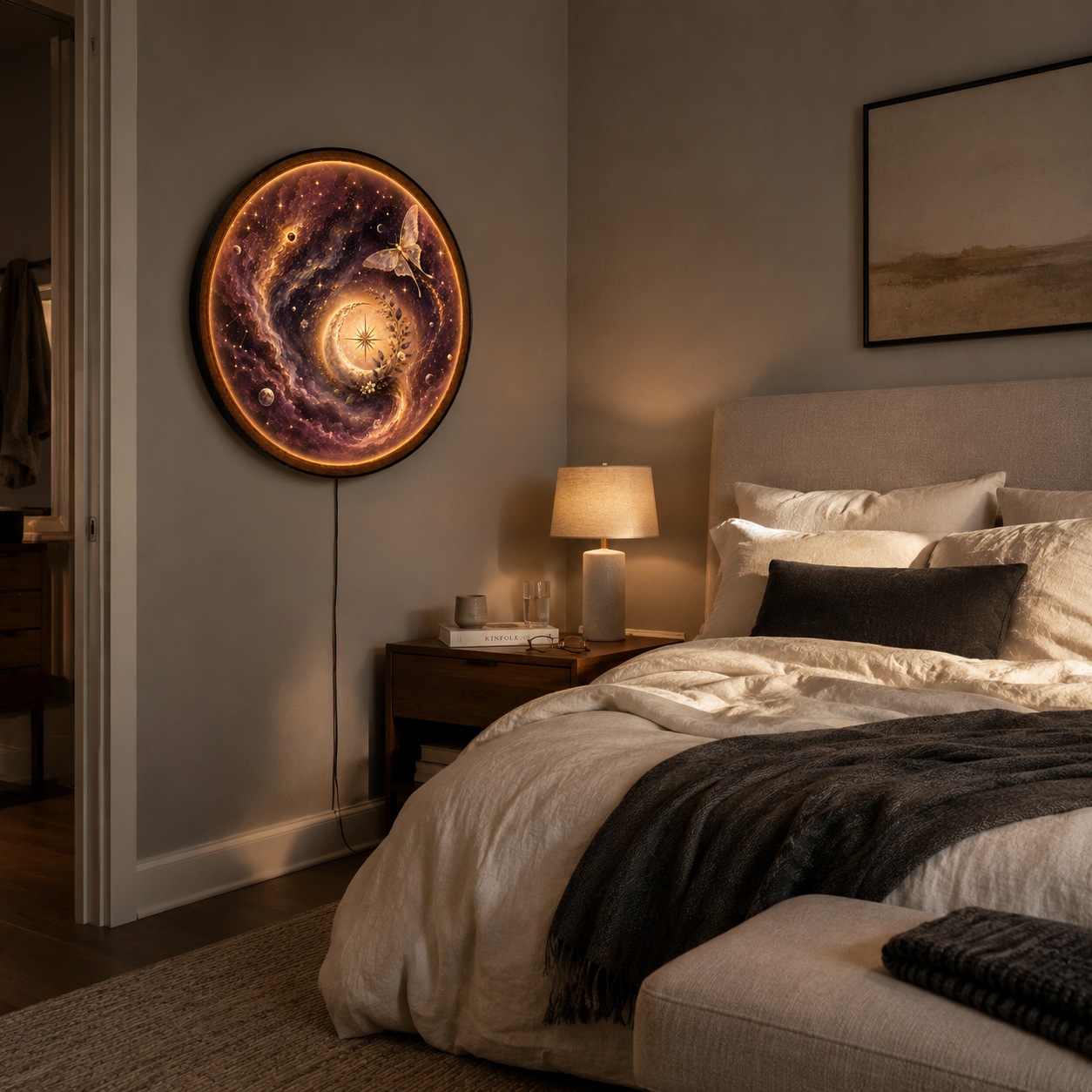 Celestial Moon & Moth LED Wall Art – Mystical Round Decor