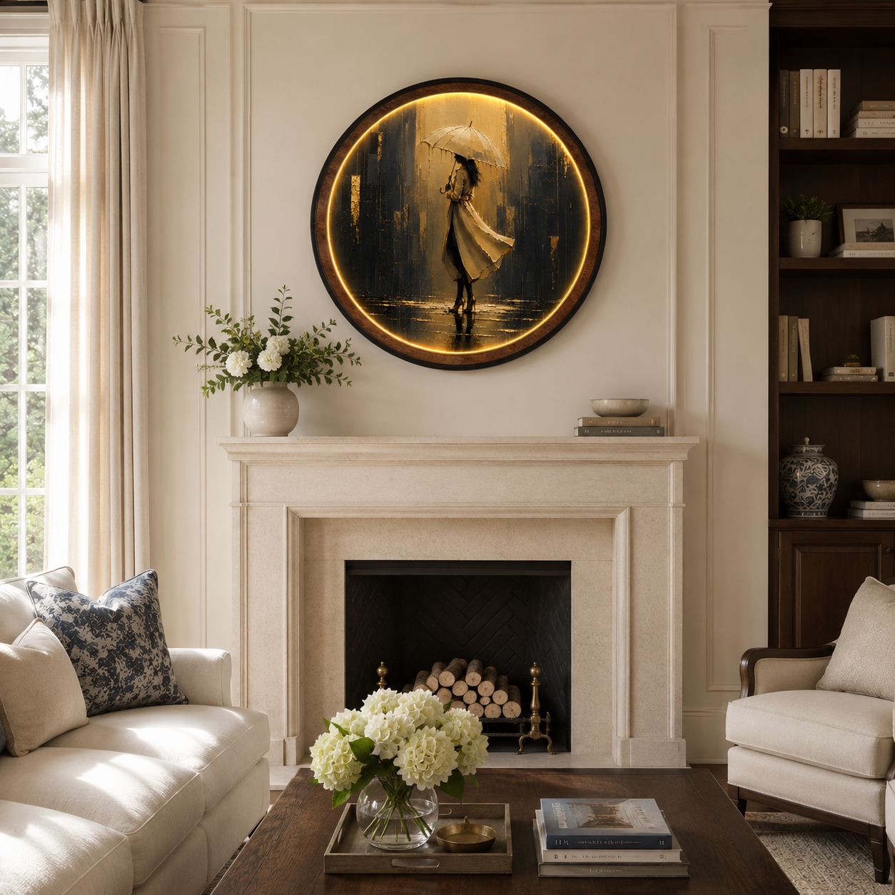 Golden Rain Elegance LED Wall Art | Round Illuminated Woman with Umbrella Wall Decor | Warm Ambient Light
