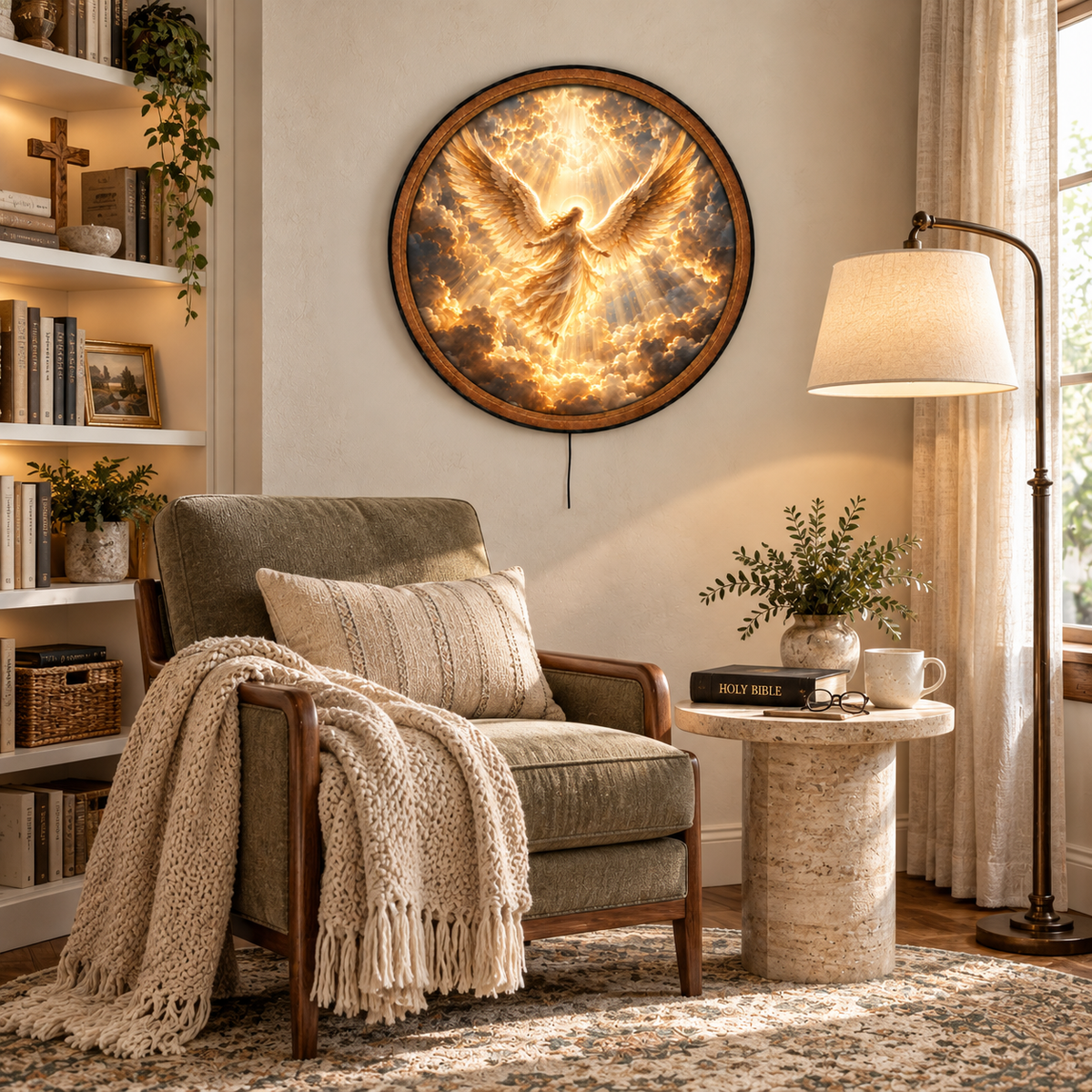 Handcrafted Golden Angel LED Wall Art – Heavenly Guardian Angel Wings Christian