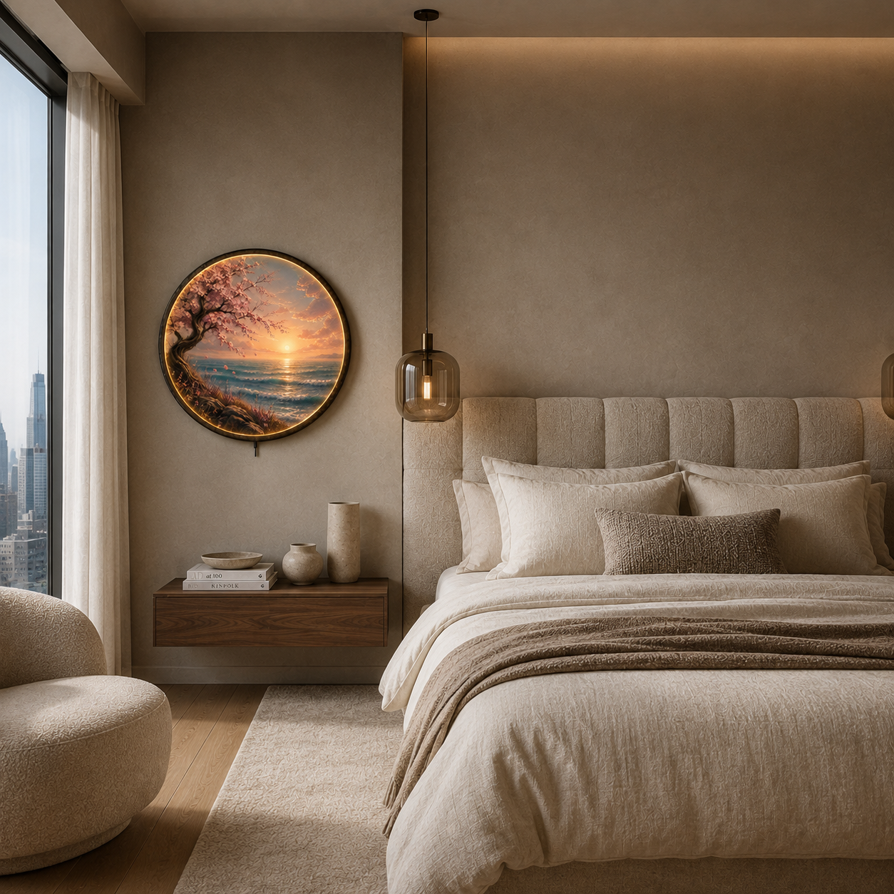 Cherry Blossom Coastal Sunset LED Wall Art – Round Illuminated Acrylic Decor