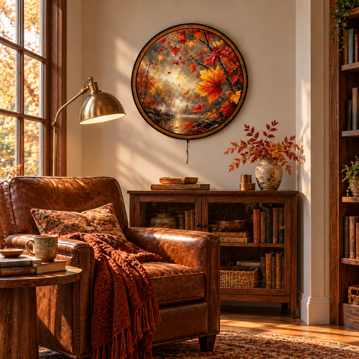 Handcrafted Autumn Maple Leaves LED Wall Art – Fall Forest River Landscape, Rustic Nature