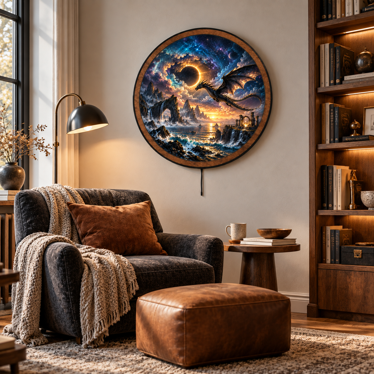 Celestial Dragon Eclipse Ocean Circular LED Wall Art
