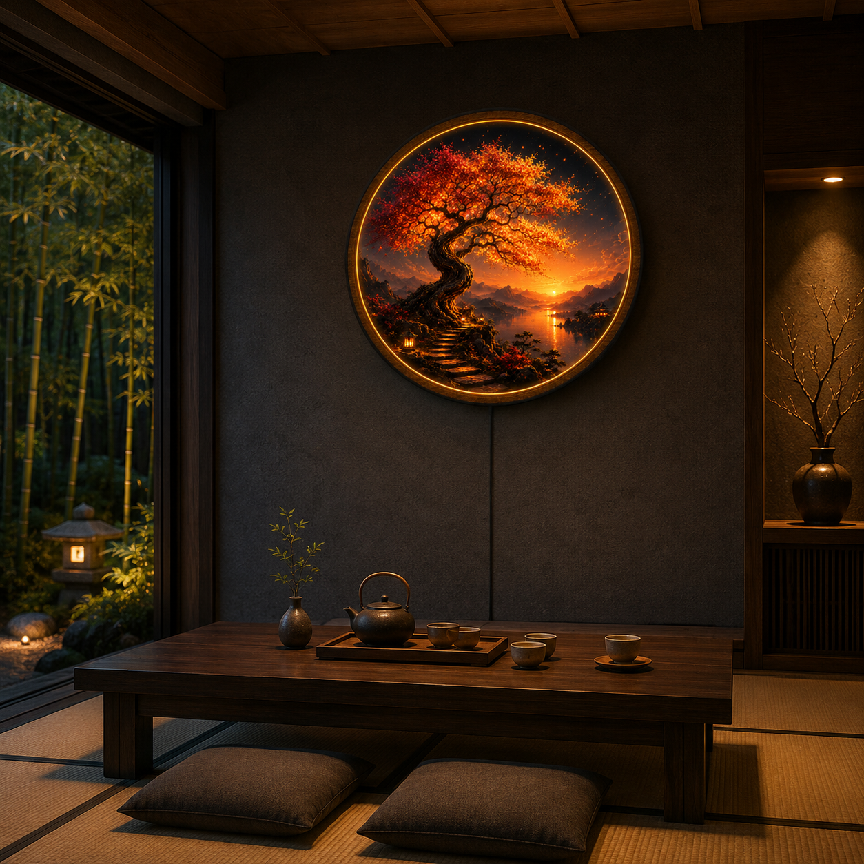 Fiery Bonsai Sunset LED Wall Art – Luxury Nature Acrylic Decor