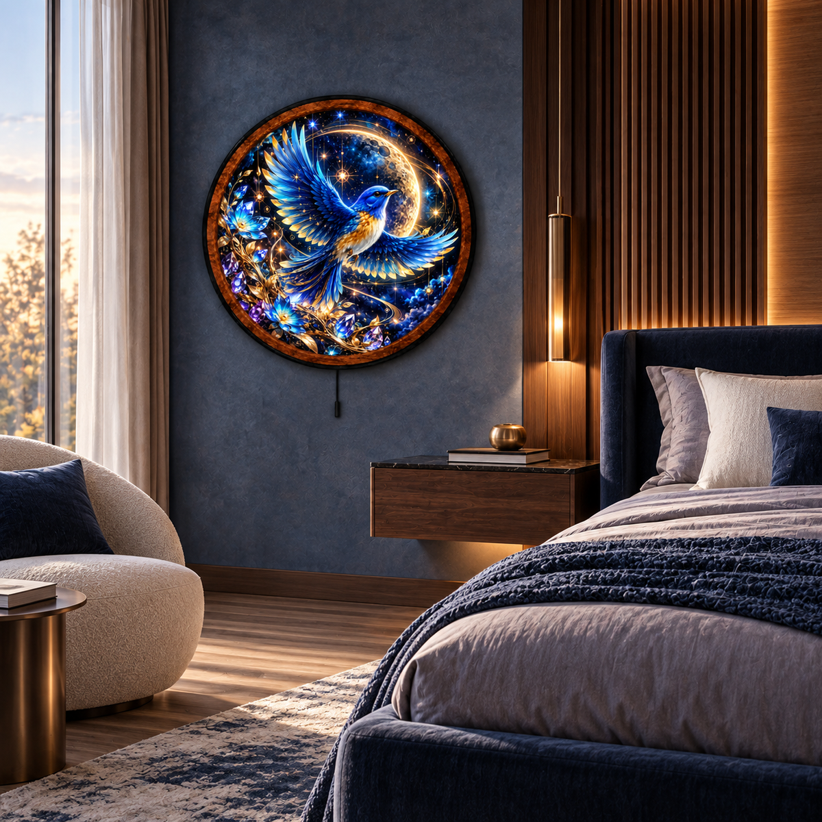 Handcrafted LED Wall Art | Blue Bird Moon Decor